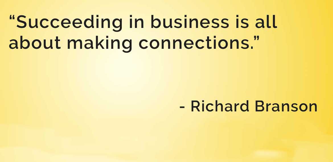 Yellow graphic with the quote 'succeeding in business is all about making connections'