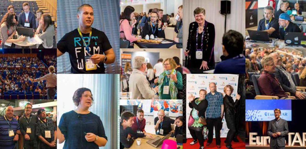 Collage of different members of the EuroSTAR community, including speakers, attendees and volunteers