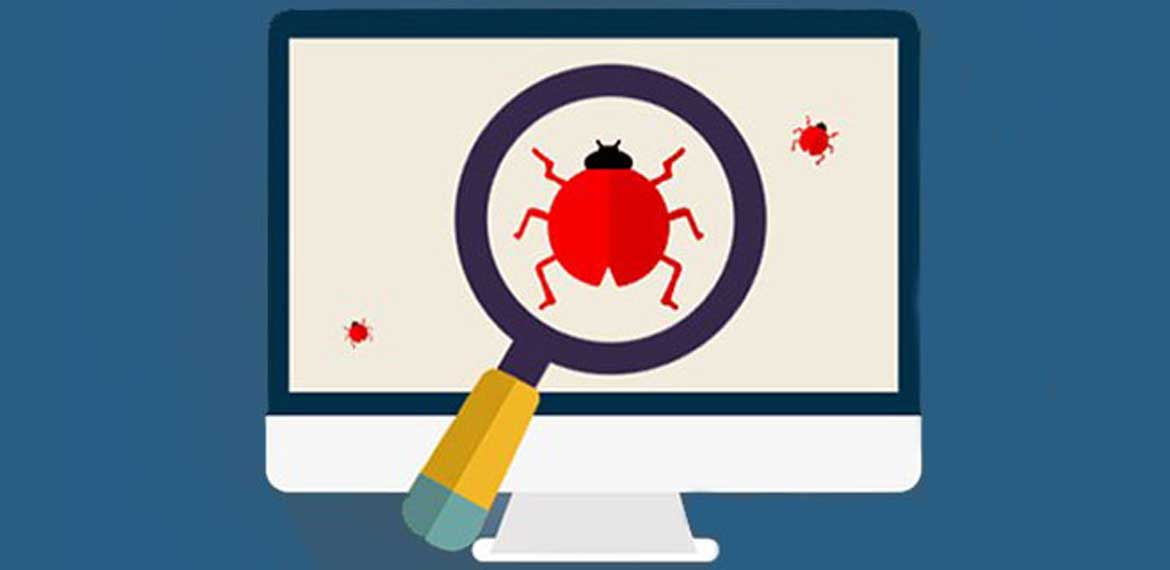 Graphic depicting a magnifying glass inspecting a bug on a laptop screen