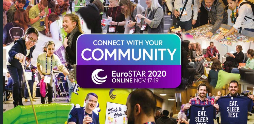 Photo collage of the EuroSTAR community overlaid with the words 'connect with your community'