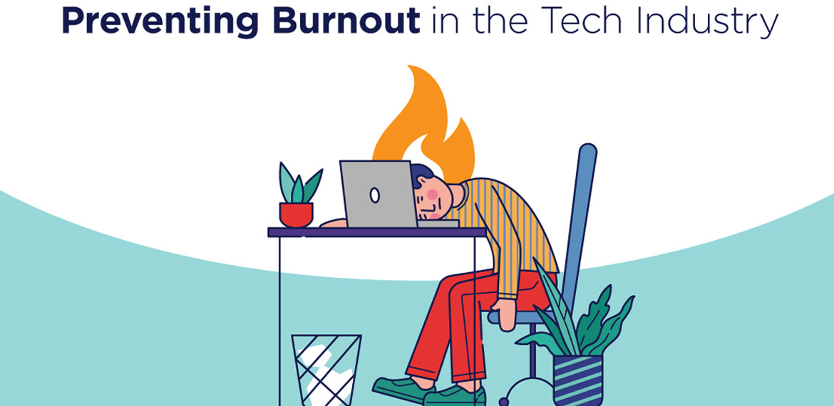 Graphic representation of a man sitting at his desk with his head on his laptop, burnt out from working too hard