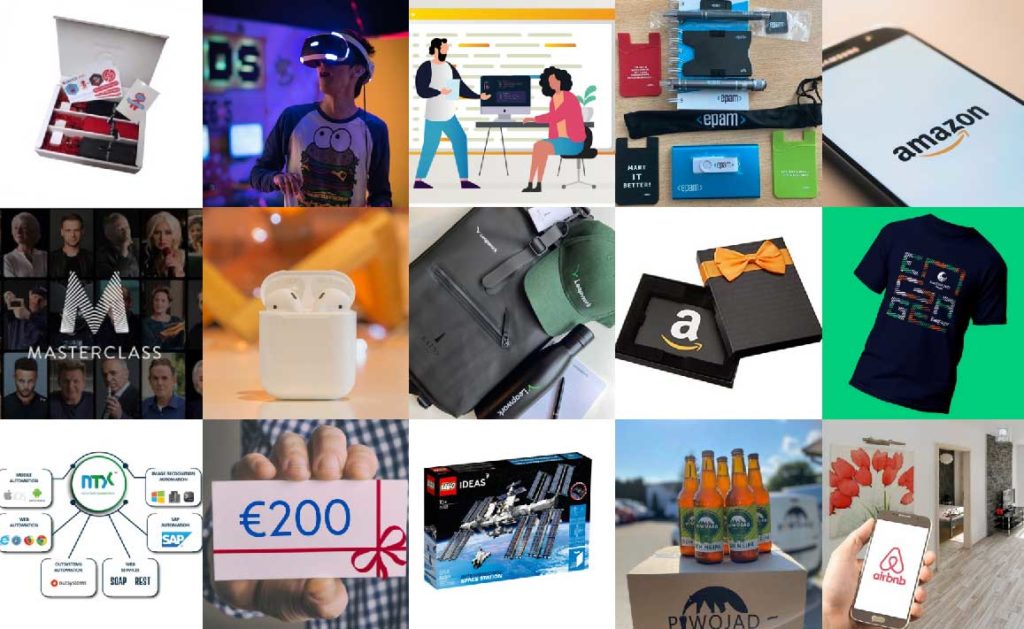 Rectangle shaped collage of 12 different prizes and giveaways from the EuroSTAR expo, taken from the 10 things you can't miss at EuroSTAR blog