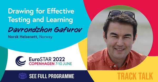A social graphic with EuroSTAR speaker Davrondzhon Gafurov and text overlay with his talk title, ‘Drawing for Effective Testing and Learning’
