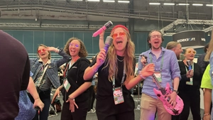 A group of EuroSTAR attendees doing ABBA karaoke at EuroSTAR 2024