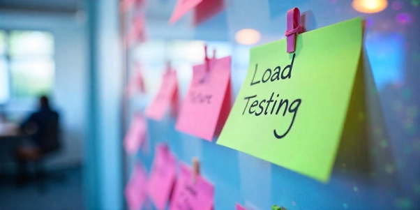 Sticky note labeled 'Load Testing' on a glass wall, surrounded by other colorful notes in an office setting.