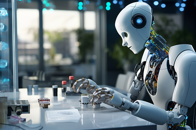 A humanoid robot with exposed circuitry is seated at a laboratory desk, delicately handling small components with its mechanical fingers. The background features a modern, high-tech workspace with equipment, documents, and soft lighting.