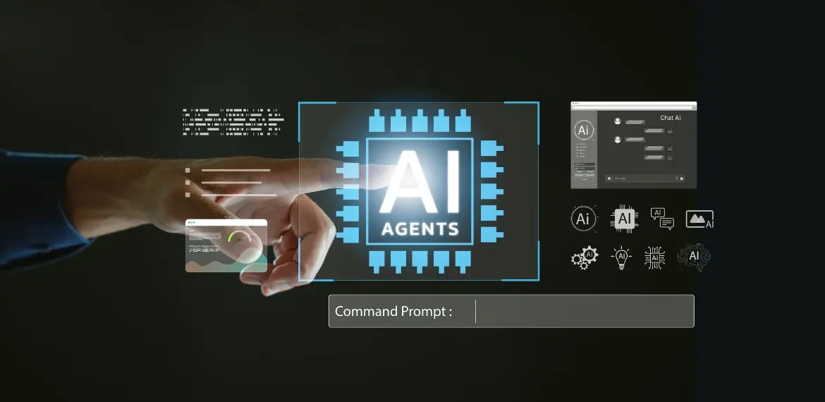 AI Agent software image with a hand selecting the word AI Agent