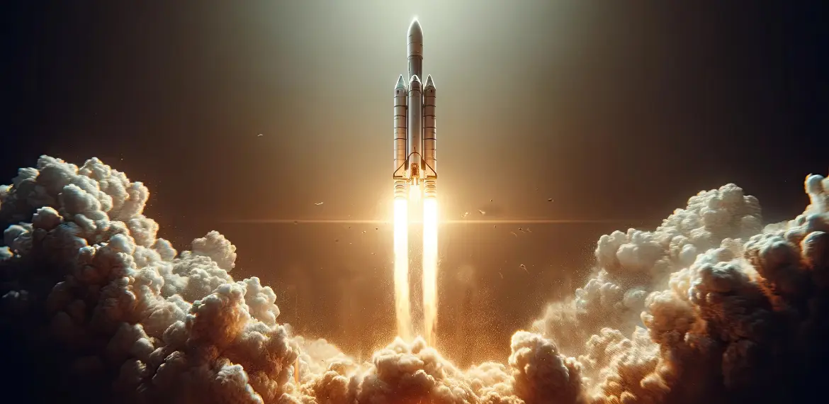 rocket launching with smoke bellowing from below the launch pad