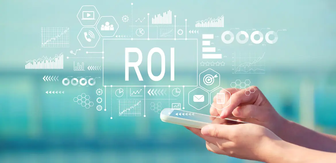 mobile phone in hand with infographics and ROI typography