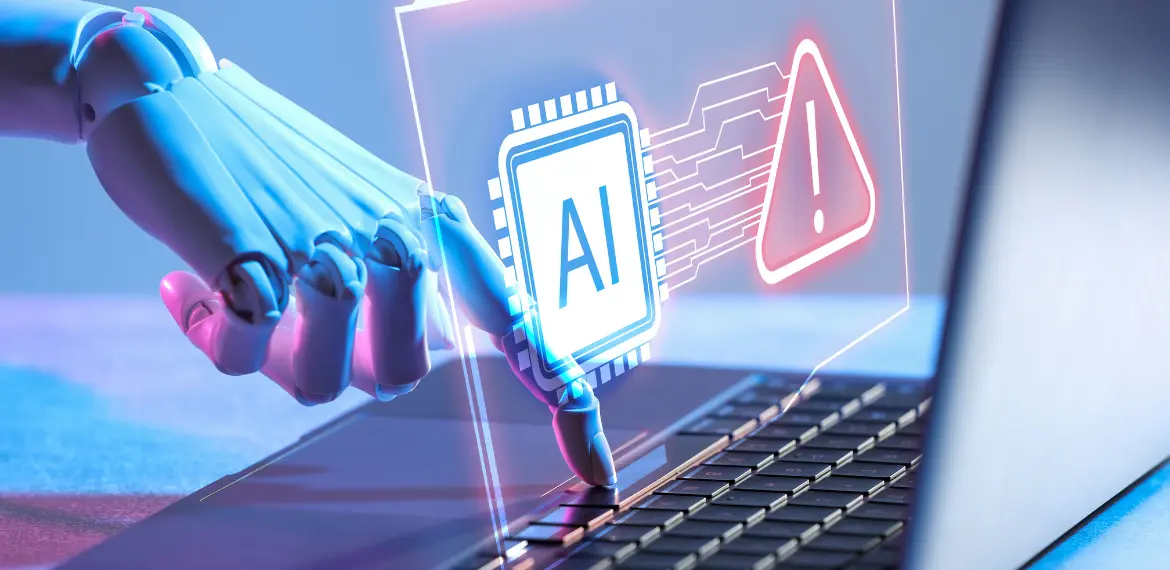 Robotic hand with AI and warning symbols above a laptop