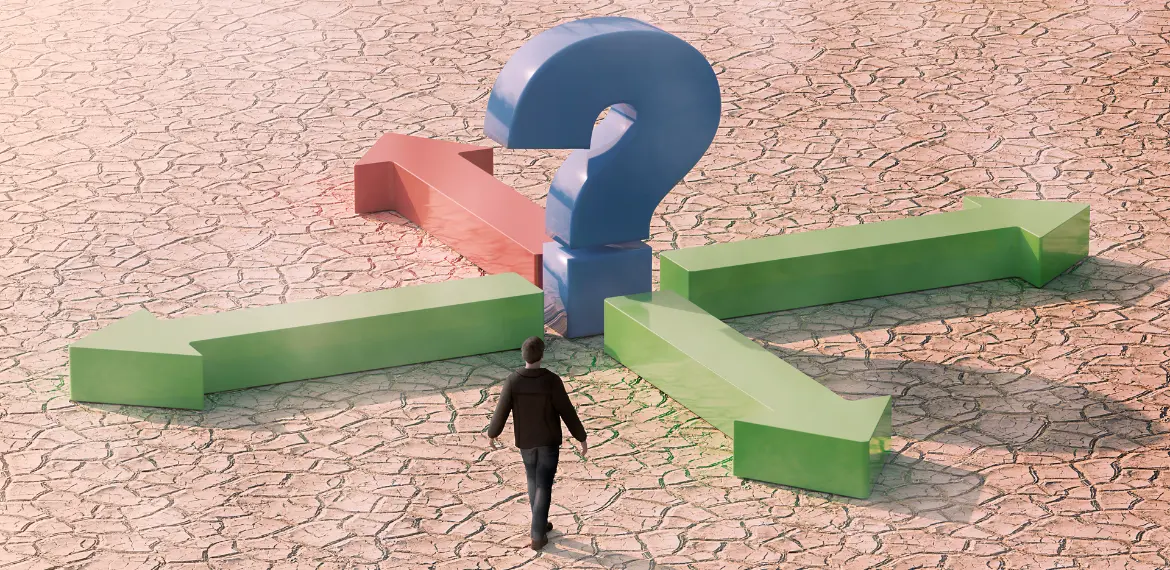 complex environment depicted with four arrows in different directions with a question mark in the middle and a human walking towards the arrows