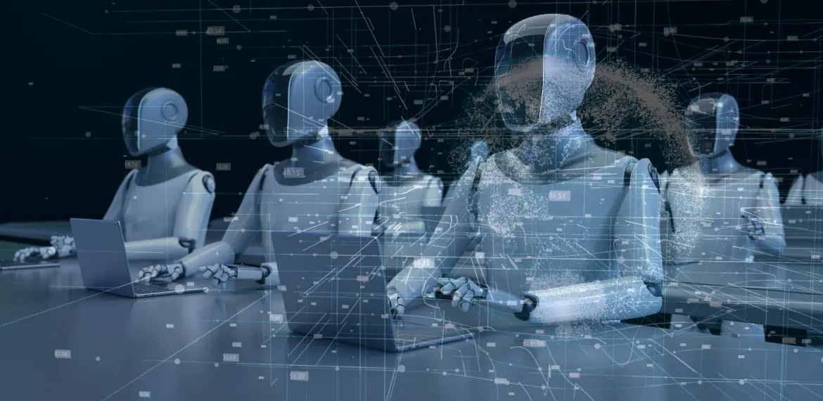 AI Agents working at Laptops with a blueprint overlayed on the image