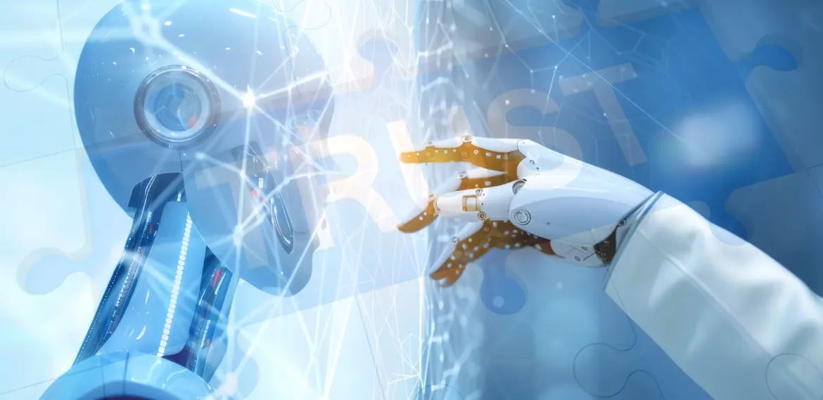 AI bot wiht a hand pointing at it's face with the word trust faded out over the robot
